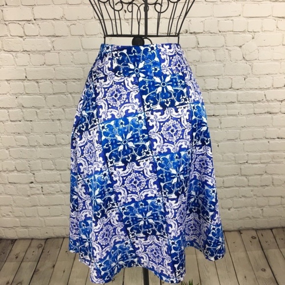 The Limited Mosaic Geometric Tile Printed Blue White A line Skirt